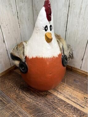 Vintage Chicken Gourd Hand Painted Farm Country Feathers Buttons Hen Folk Art